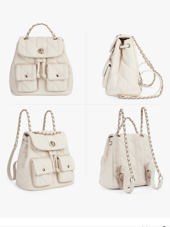 1 Left!! Ivory White Quilted Drawstring Backpack with Chain Strap main image 5